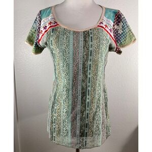 Edista‎ Patchwork Tunic Top Embroidered Floral Short Sleeve Green Large